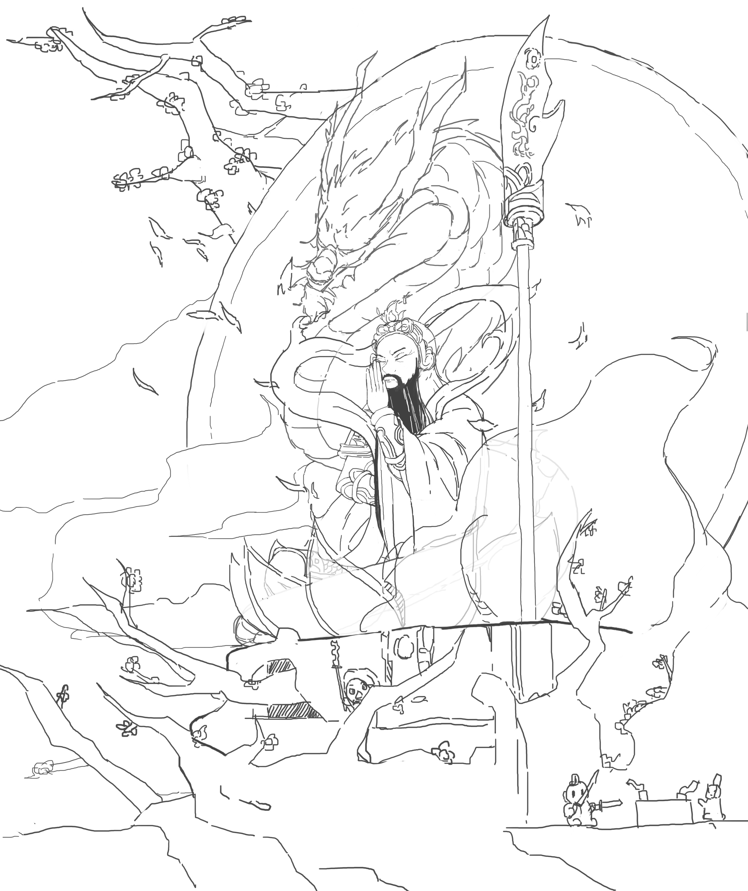 三国,关羽,绘画,线稿